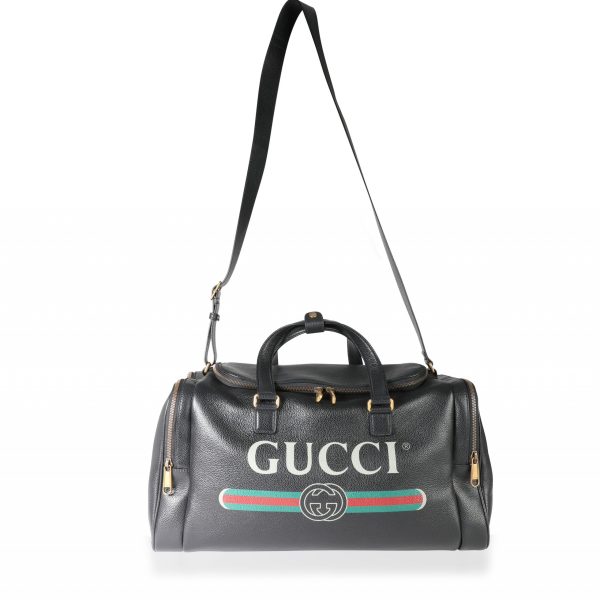 113636 bv Gucci Black Grained Calfskin Logo Print Duffle Bag