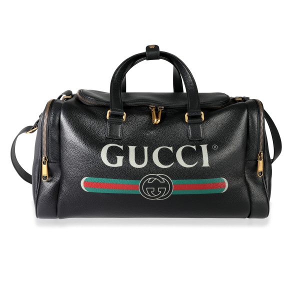 113636 fv Gucci Black Grained Calfskin Logo Print Duffle Bag