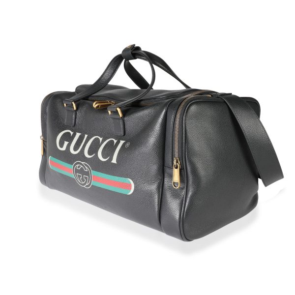 113636 sv Gucci Black Grained Calfskin Logo Print Duffle Bag