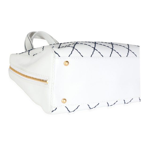 113642 box Chanel Vintage White Calfskin Navy Surpique Stitch Bowler Bag