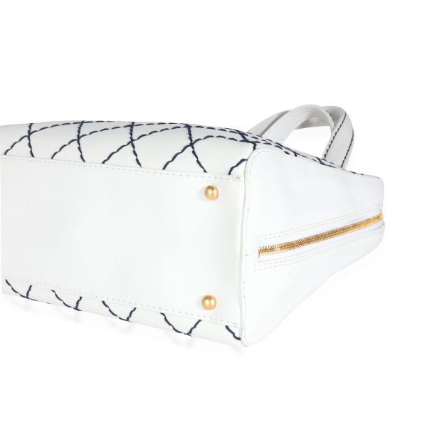 113642 clasp Chanel Vintage White Calfskin Navy Surpique Stitch Bowler Bag