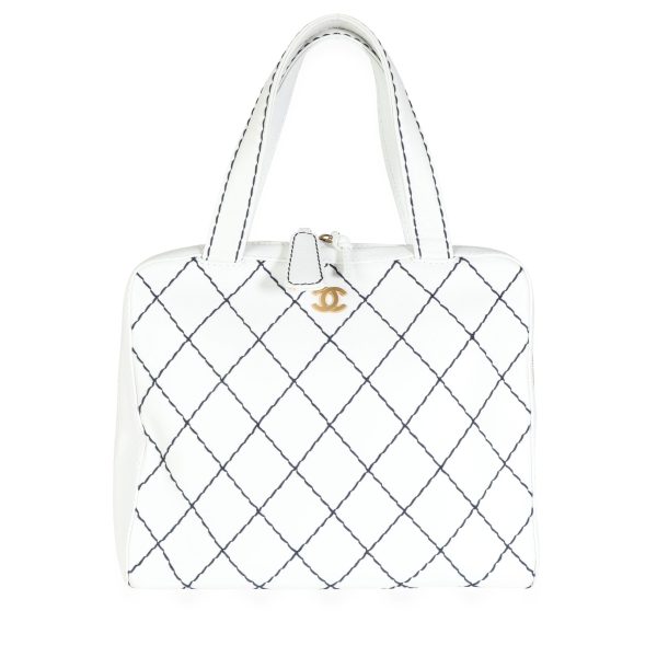 113642 fv Chanel Vintage White Calfskin Navy Surpique Stitch Bowler Bag