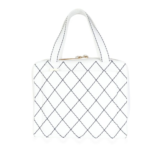 113642 pv Chanel Vintage White Calfskin Navy Surpique Stitch Bowler Bag