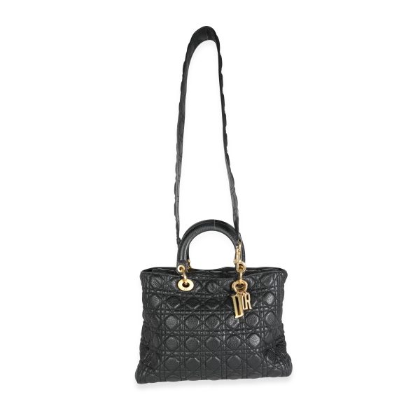 114317 bv Christian Dior Black Cannage Quilted Grained Calfskin Large Lady Dior Bag