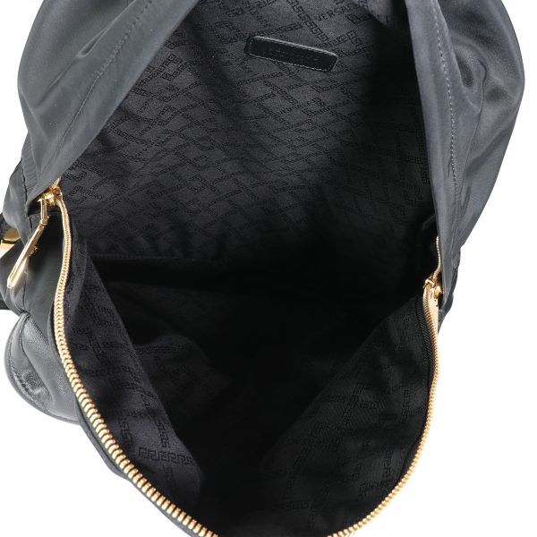 114361 av 6eb8364f 4219 43e5 9cf4 38b0f5cbfa1a Versace Black Nylon Black Goatskin Gold Studded Palazzo Medusa Backpack