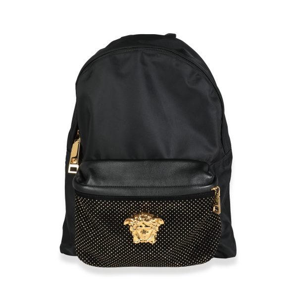 114361 fv 527634f0 55cb 4c82 b1a1 f0d8f66f4023 Versace Black Nylon Black Goatskin Gold Studded Palazzo Medusa Backpack