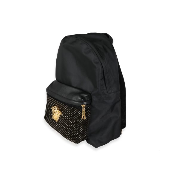 114361 sv d20ca513 b427 4410 b578 f9a0ff599b22 Versace Black Nylon Black Goatskin Gold Studded Palazzo Medusa Backpack