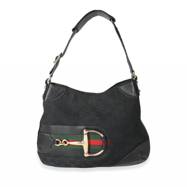 114365 fv Gucci Black GG Canvas Web Horsebit Hasler Hobo