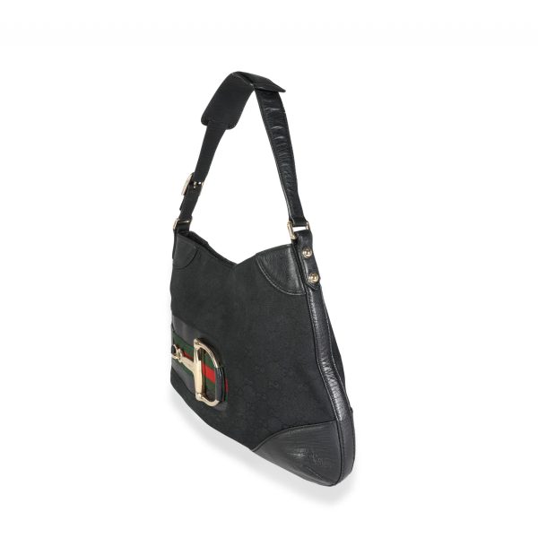 114365 sv Gucci Black GG Canvas Web Horsebit Hasler Hobo