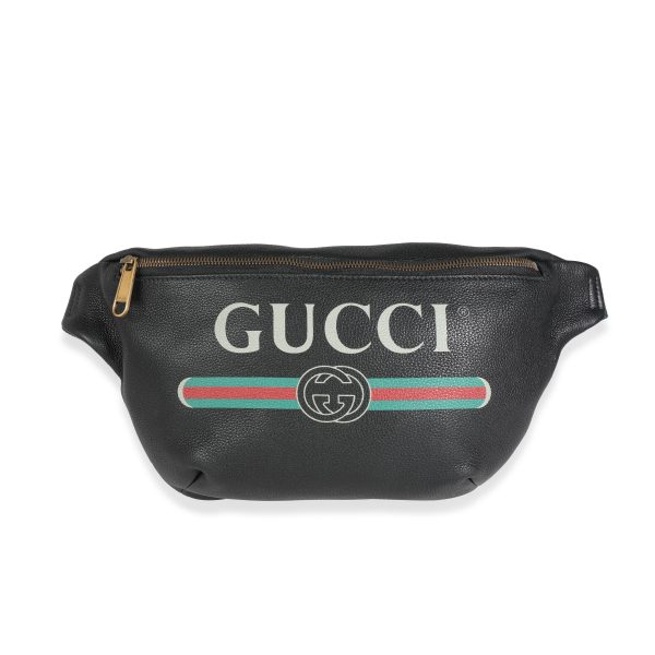 114745 fv 86cb2a87 4c20 4208 96b9 620a7a671009 Gucci Black Grained Calfskin Logo Print Web Belt Bag