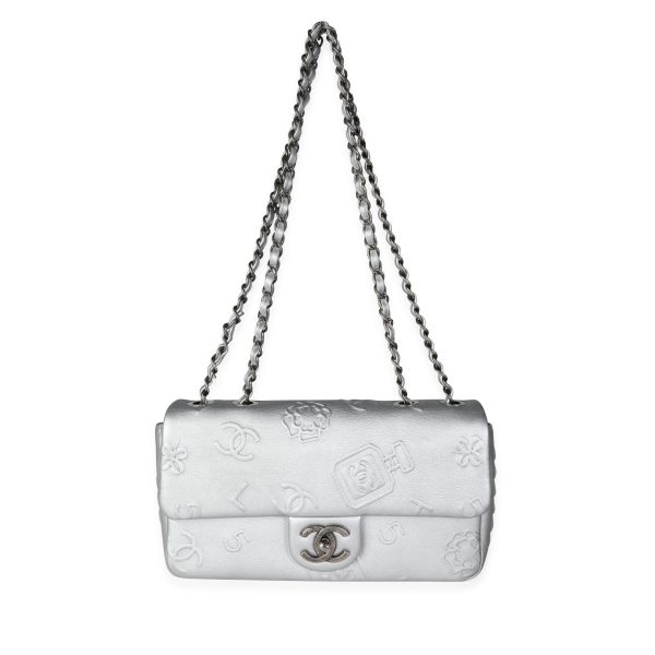 114850 bv Chanel Silver Embossed Precious Symbols Single Flap Bag