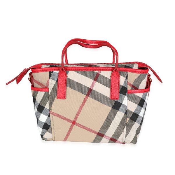 115030 fv Burberry Exploded Check Canvas Bright Rose Grained Leather Top Handle Tote