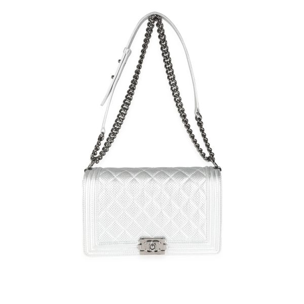 115454 bv Chanel Silver Metallic Perforated Lambskin Large Boy Bag