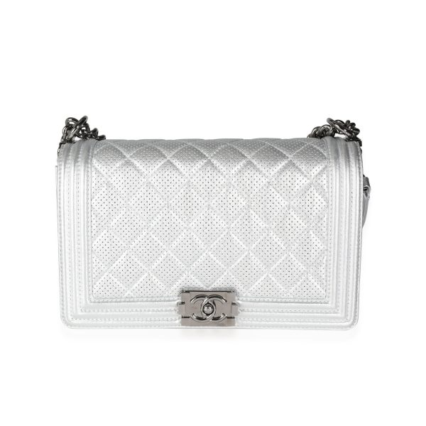 115454 fv Chanel Silver Metallic Perforated Lambskin Large Boy Bag