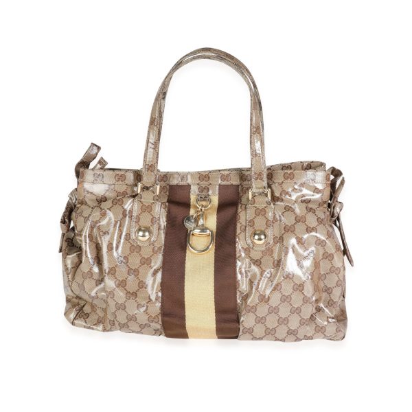 115774 fv 1a4e03f5 cadb 499e a90a f8cafca498ef Gucci Brown Coated Canvas Crystal Monogram Web Tote