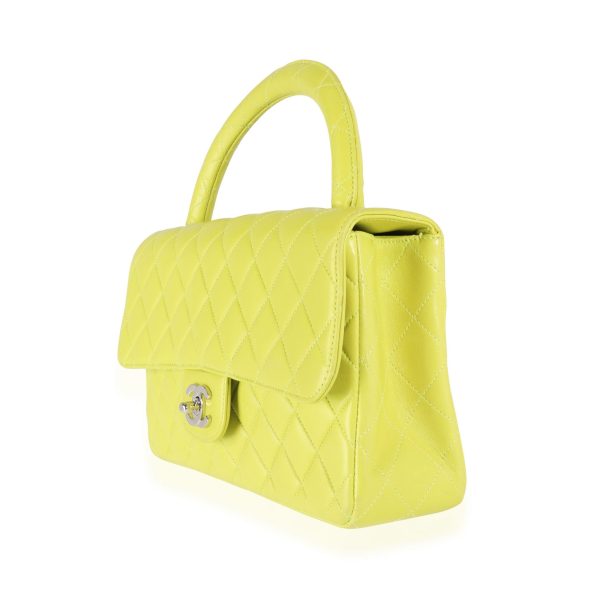 116171 sv Chanel Vintage Lime Green Quilted Lambskin Twin Top Handle Bag