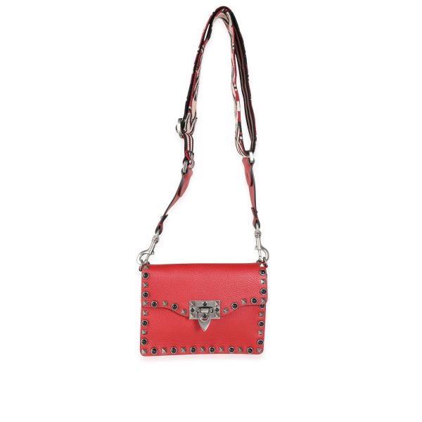 116187 bv Valentino Red Calfskin Small Guitar Strap Rockstud Crossbody Bag