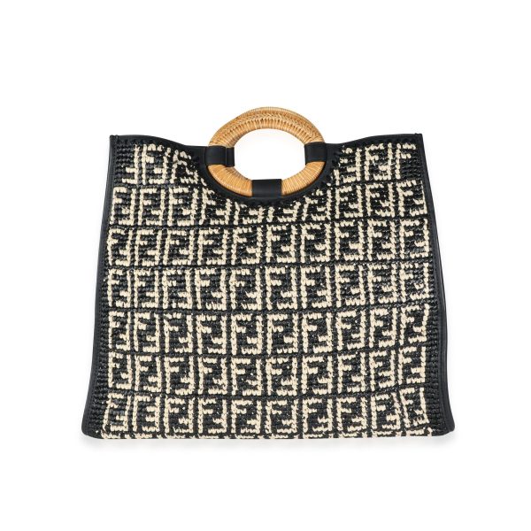 116244 bv Fendi Black White Raffia Large Runaway Shopper Tote