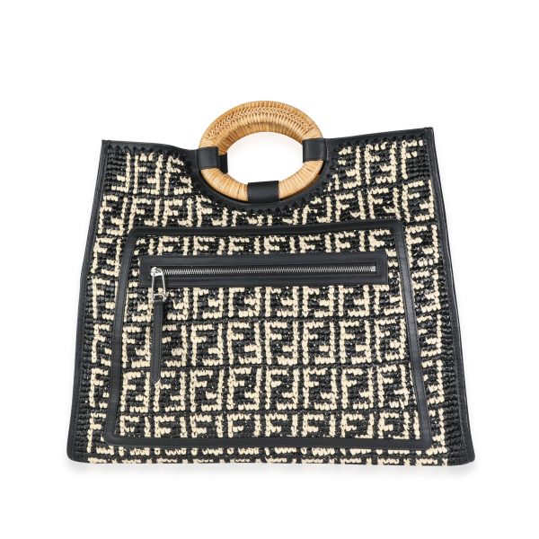 116244 fv Fendi Black White Raffia Large Runaway Shopper Tote