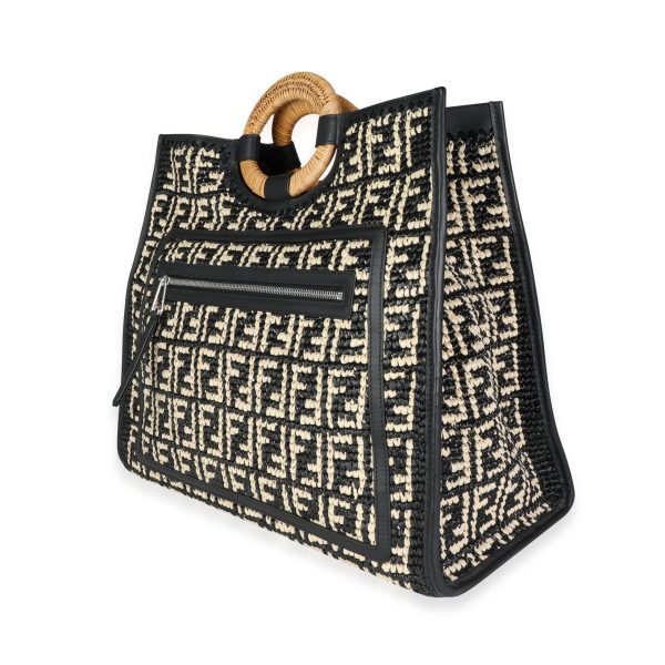 116244 sv Fendi Black White Raffia Large Runaway Shopper Tote