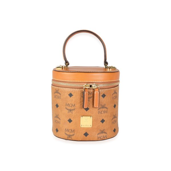 116264 fv MCM Cognac Visetos Coated Canvas Nappa Leather Small Cylinder Bag