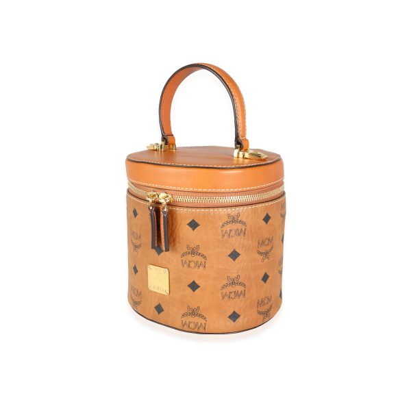 116264 sv MCM Cognac Visetos Coated Canvas Nappa Leather Small Cylinder Bag