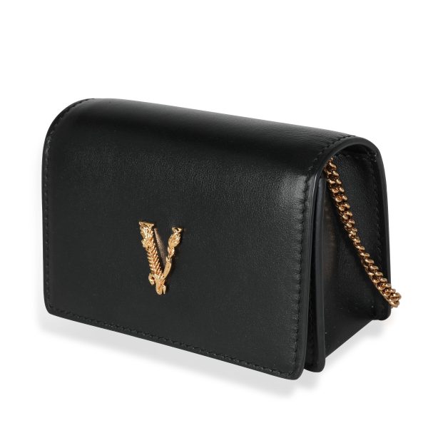 116355 sv Versace Black Leather Virtus Mini Chain Wallet