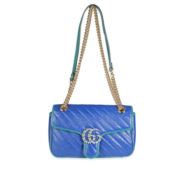 117047 bv Gucci Blue Turquoise Vintage Effect Matelassé Leather GG Marmont Small Bag