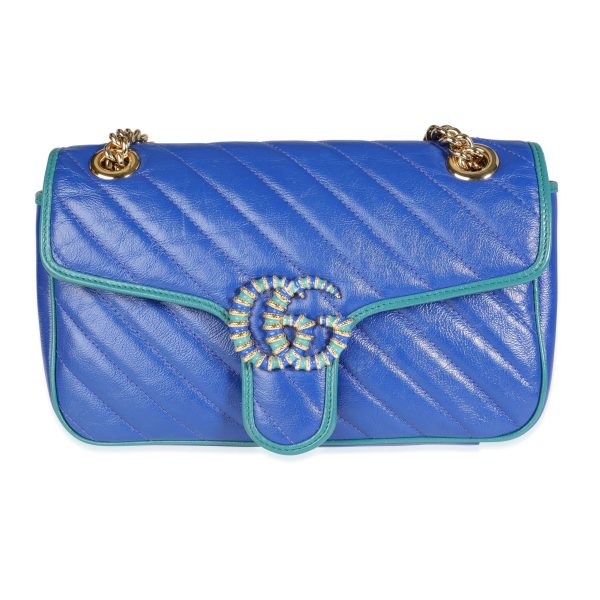 117047 fv Gucci Blue Turquoise Vintage Effect Matelassé Leather GG Marmont Small Bag