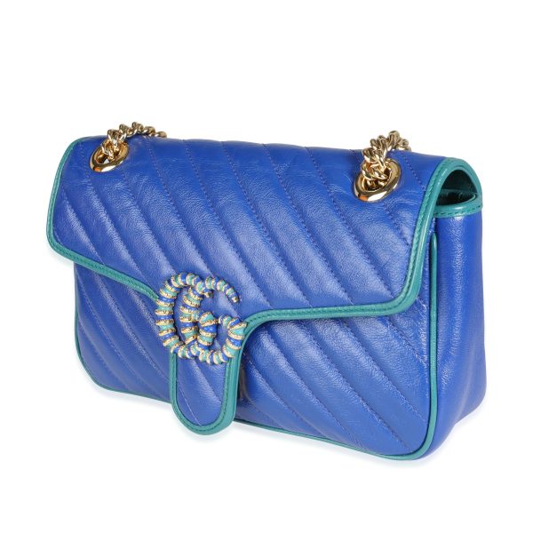 117047 sv Gucci Blue Turquoise Vintage Effect Matelassé Leather GG Marmont Small Bag