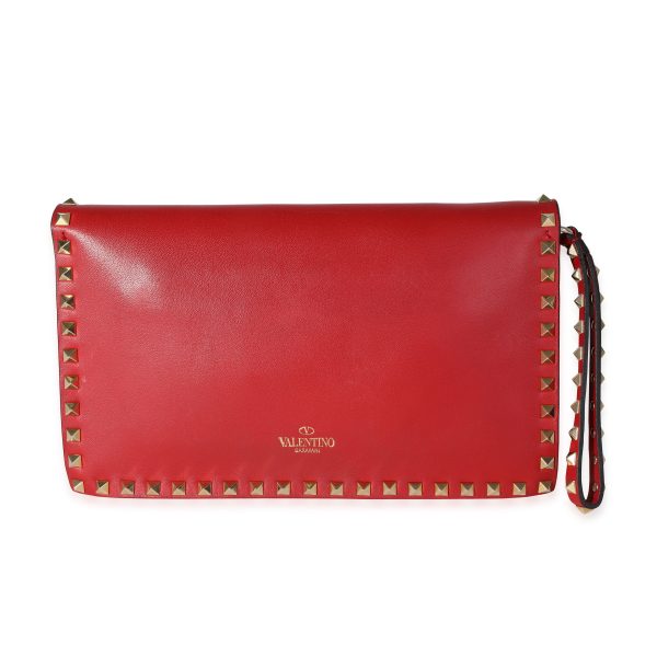 117299 fv Valentino Red Nappa Leather Rockstud Wristlet Clutch