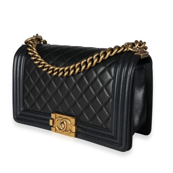 117582 sv Chanel Black Lambskin Quilted Medium Boy Bag