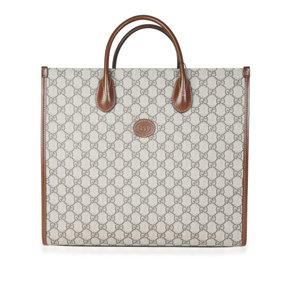 117604 fv Gucci GG Supreme Canvas Brown Leather Medium Interlocking G Tote Bag