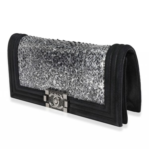 117676 sv Chanel Metallic Python Black Suede Crystal Boy Clutch