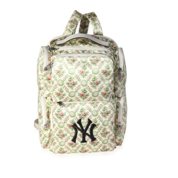 117764 fv Gucci Creme and Multicolor Satin Floral Print NY Yankees Patch Backpack