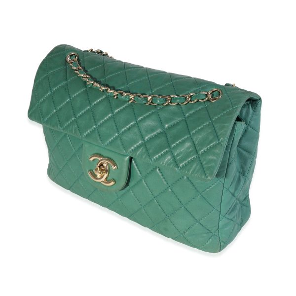 117796 sv Chanel Green Quilted Lambskin Soft Maxi Single Flap Bag