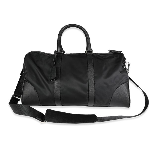 117861 stamp Prada Black Tessuto Saffiano Leather Duffle Bag