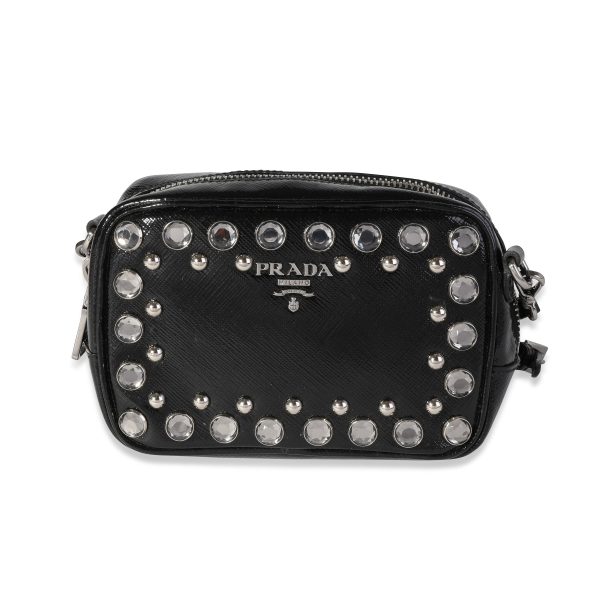 118008 fv 45d548a6 cfe5 4a0d b70f cdd86388552c Prada Black Crystal Embellished Patent Saffiano Leather Mini Camera Bag