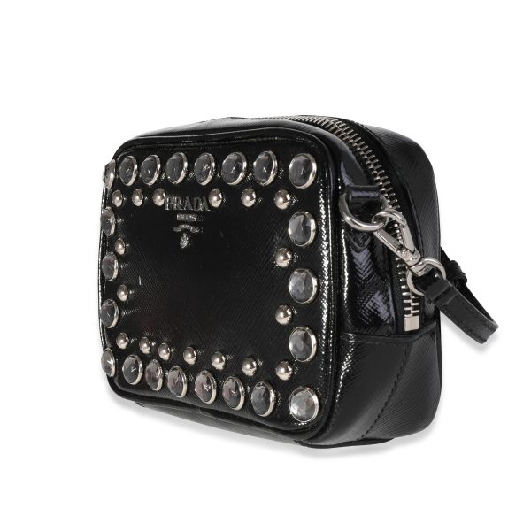 118008 sv d5082658 7897 4f11 b108 2af7171f0ec4 Prada Black Crystal Embellished Patent Saffiano Leather Mini Camera Bag