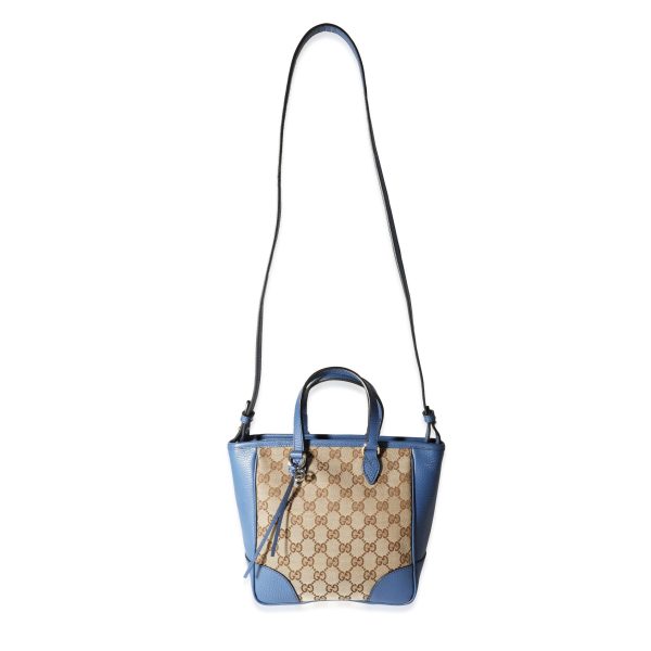 118111 bv d8d54e97 d560 40b0 9aed 737b90b63463 Gucci Caspian Blue Leather Beige Guccissima Canvas Small Bree Tote