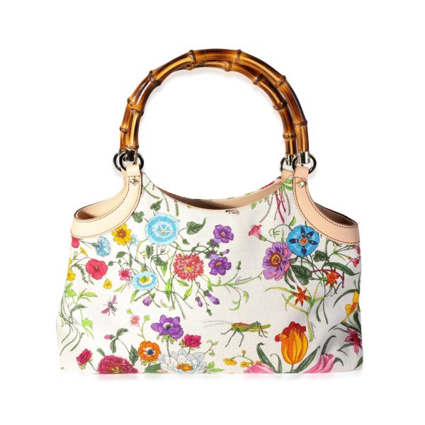 118156 fv 121997a6 ff4f 4ced 92c5 5ca5f92dc73c Gucci Multicolor Canvas Beige Leather Flora Bamboo Handle Bag