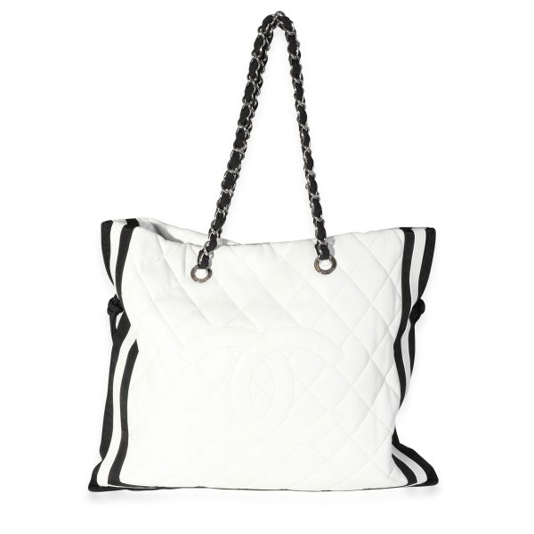 118163 fv 06ddbf53 c0e8 498c a6b7 5d089f924c1a Chanel White Quilted Lambskin Black Grosgrain CC Drawstring Tote