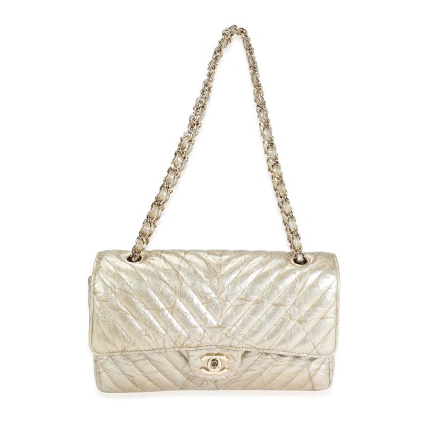 118411 bv Chanel Gold Chevron Quilted Patent Leather Medium Classic Double Flap Bag