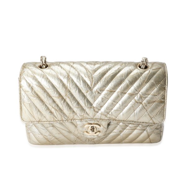 118411 fv Chanel Gold Chevron Quilted Patent Leather Medium Classic Double Flap Bag