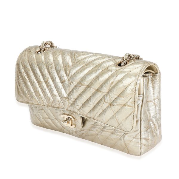 118411 sv Chanel Gold Chevron Quilted Patent Leather Medium Classic Double Flap Bag