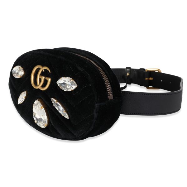 118469 sv Gucci Black Matelassé Velvet Black Leather Crystal Marmont Belt Bag 85