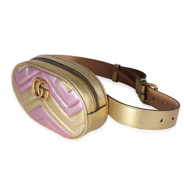 118925 sv Gucci Pink Gold Metallic Matelass√© Marmont Belt Bag