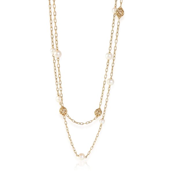 119311 fv Pearl Pierced Gold Bead Station Necklace in 14k Yellow Gold