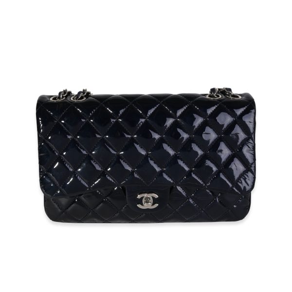 119364 fv Chanel Navy Quilted Patent Leather Accordion Flap Bag