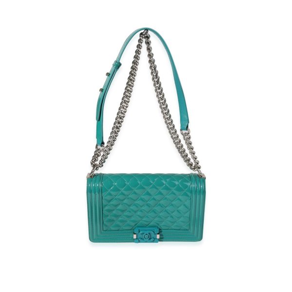 119799 pv Chanel Teal Quilted Patent Leather Plexi Old Medium Boy Bag